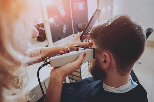 Hairdresser Makes Hairstyle Young Man — Stock Photo, Image