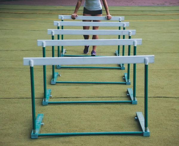 Young Causasian Female Athlete Track Field Stadium — Stock Photo, Image