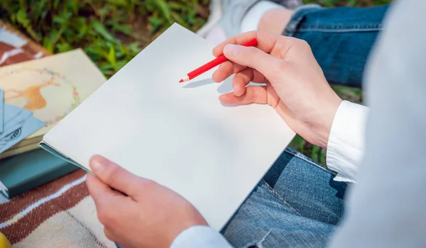 Ragazza Che Disegna Sketchbook Durante Picnic Nel Parco — Foto Stock