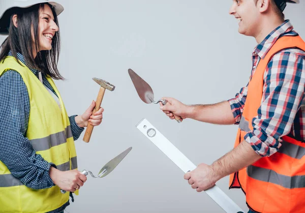 Coppia Strumenti Tenuta Ristrutturazione Della Casa Sfondo Bianco — Foto Stock