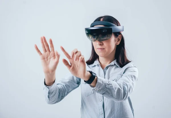 Woman Wearing Augmented Reality Goggles Isolated White — Stock Photo, Image