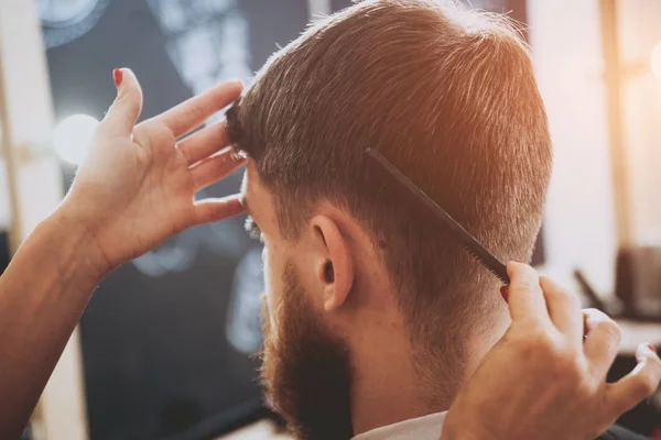 Hairdresser Makes Hairstyle Young Man — Stock Photo, Image