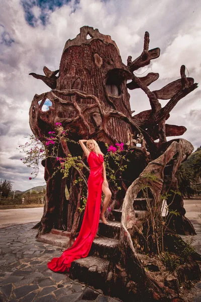 Młoda Piękna Stylowa Dziewczyna Długi Czerwony Lato Sukienka Pozowanie Kamery — Zdjęcie stockowe