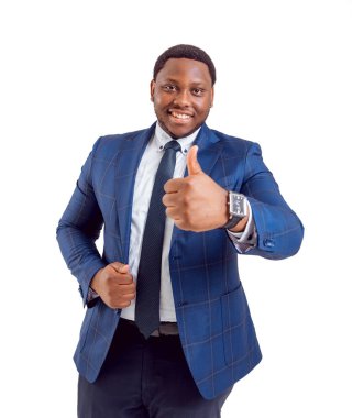 Mavi takım elbiseli, beyaz kopya alanı ile izole ifade Afrikalı-Amerikalı işadamı.