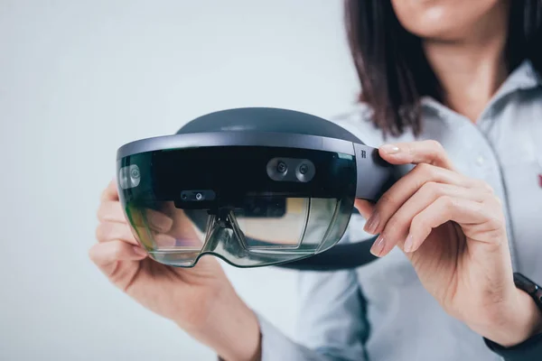 Woman Wearing Augmented Reality Goggles Isolated White — Stock Photo, Image