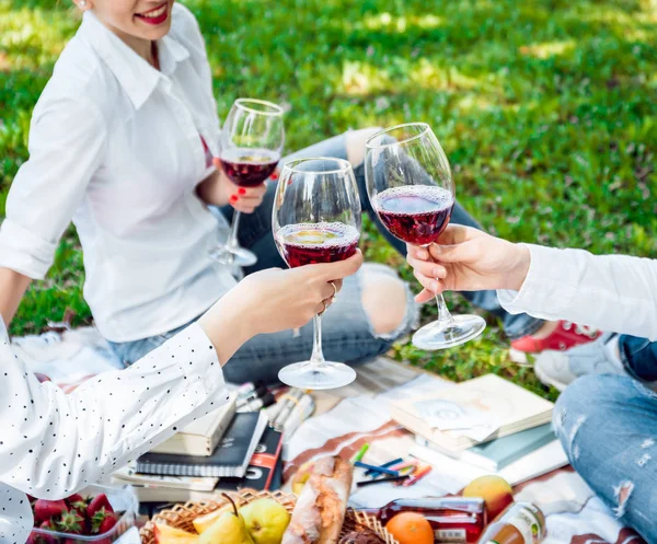 Jeunes Filles Avec Des Verres Vin Rouge Sur Pique Nique — Photo