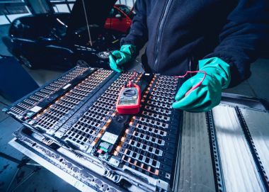 Elecric motorlu pilleri şarj. Pil bir elektrikli araç motorunun sökülmesi. Araba Servisi