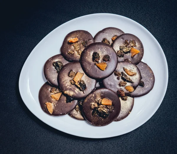 Gros Plan Des Biscuits Français Sur Surface Sombre Mise Point — Photo