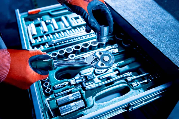 Tools in auto repair service. Close up