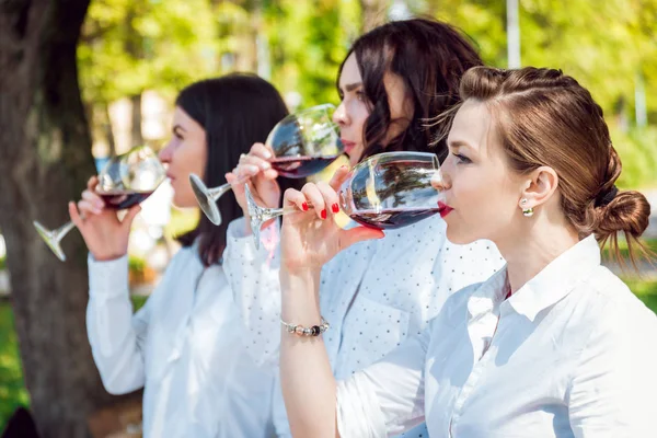 Parkta kırmızı şarap gözlüklü genç güzel kız.