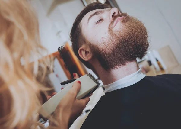 Hairdresser Makes Hairstyle Young Man — Stock Photo, Image