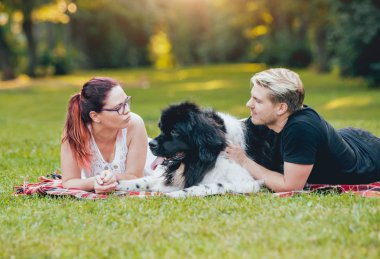 Genç çift yeşil park ile siyah ve beyaz Newfoundland köpek çalış