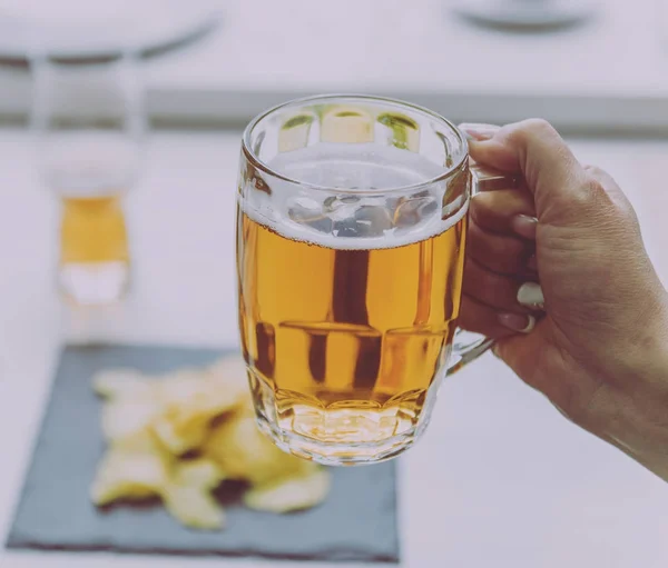 Glass Lager Beer Hands Restaurant — Stock Photo, Image