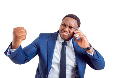 Mavi takım elbiseli, beyaz kopya alanı ile izole ifade Afrikalı-Amerikalı işadamı.