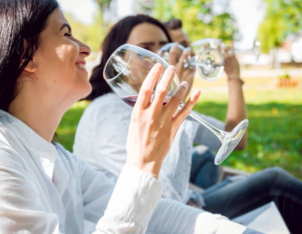 Jonge Mooie Meisjes Met Glazen Rode Wijn Het Park — Stockfoto