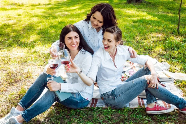 Tre Unga Vackra Flickor Ordnade Picknick Parken — Stockfoto