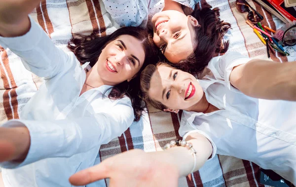 Три Молодые Девушки Наслаждаются Пикником Делают Селфи Парке — стоковое фото