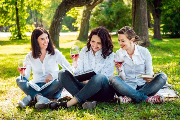 Junge Schöne Brünette Mädchen Mit Gläsern Rotwein Und Büchern Park — Stockfoto