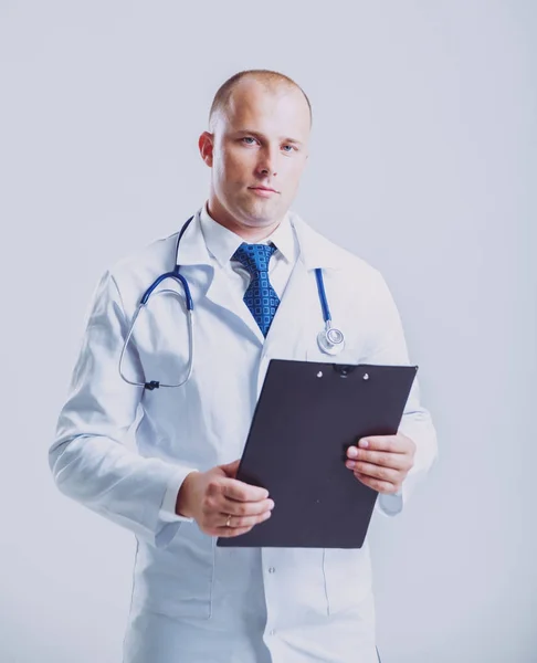 Médico Adulto Ojos Azules Caucásico Posando Con Diferentes Cosas Médicas —  Fotos de Stock