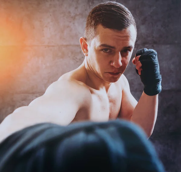 Young fighter posing in studio before grey wall