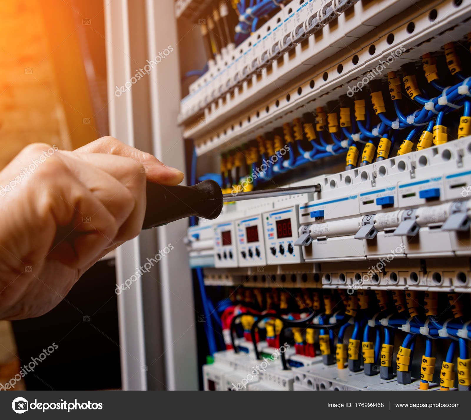 Repairing Switchboard Voltage Automatic Switches Stock Photo by
