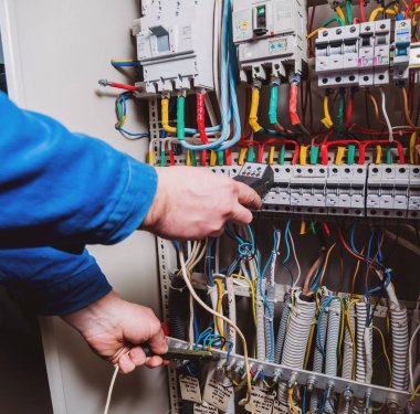 Elektrik donatımı. Elinde Tester. 