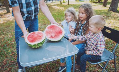 Yeşil Yaz parkta karpuz yeme çocuklu büyük aile