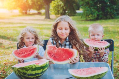 Yeşil Yaz parkta karpuz yeme çocuklu büyük aile