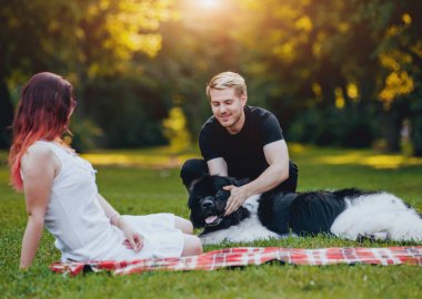 Genç çift yeşil park ile siyah ve beyaz Newfoundland köpek çalış