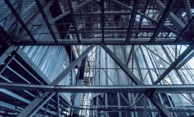 Modern silolar Tahıl hasat depolamak için. Tarım. Düşük açılı.