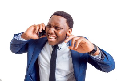 Mavi takım elbiseli, beyaz kopya alanı ile izole ifade Afrikalı-Amerikalı işadamı.