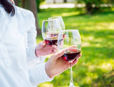 Üç kız parkta kırmızı şarap gözlüklü. Kırpılmış.