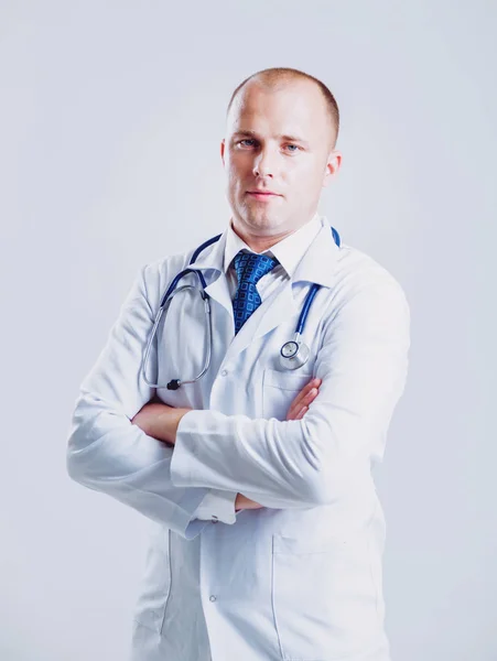Erwachsene Kaukasische Blauäugige Arzt Posiert Mit Verschiedenen Medizinischen Dingen Vor — Stockfoto