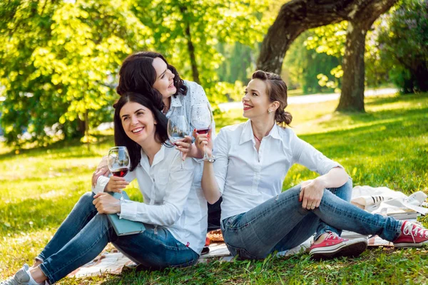 Três Jovens Meninas Bonitas Desfrutando Piquenique Parque — Fotografia de Stock