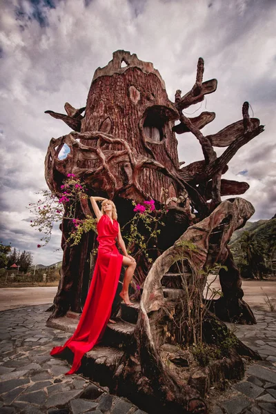Młode Piękne Dziewczyny Stylowe Długi Czerwony Lato Sukienka Pozowanie Kamery — Zdjęcie stockowe
