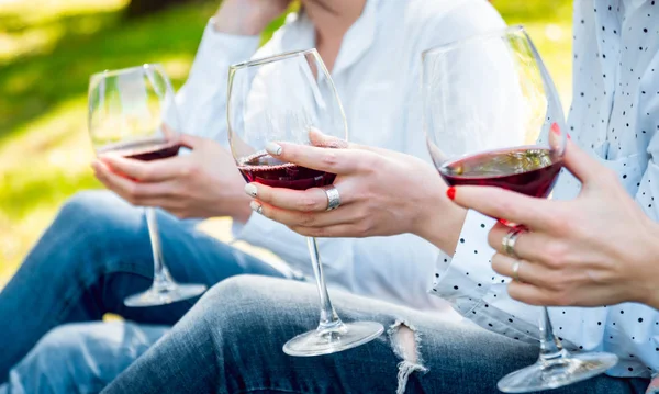 Trois Jeunes Filles Qui Dégustent Vin Rouge Dans Parc — Photo