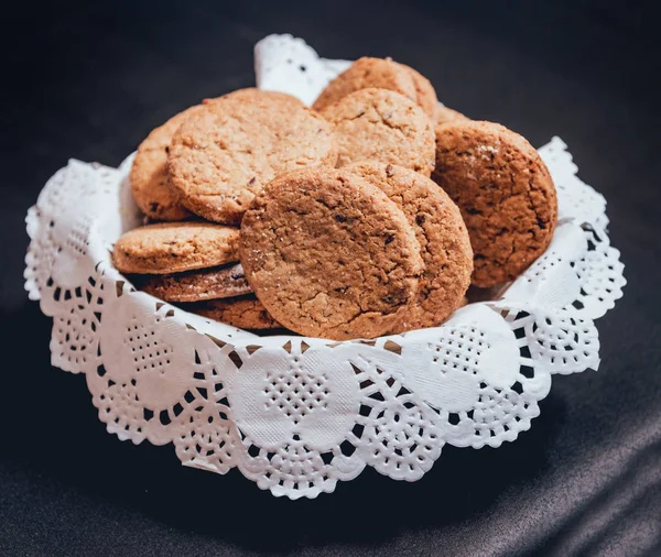 Gros Plan Des Biscuits Français Sur Surface Sombre Mise Point — Photo