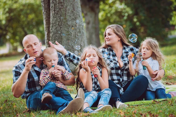 Büyük genç aile parkta iyi vakit geçiriyor.