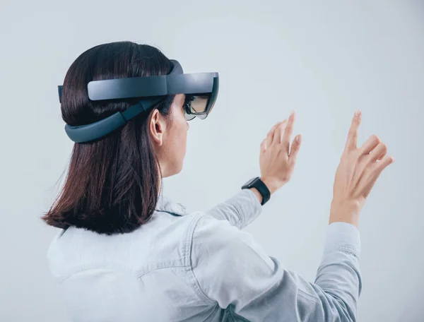 Woman Wearing Augmented Reality Goggles Isolated White — Stock Photo, Image