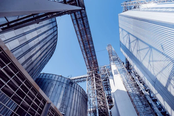 Silos Moderni Conservazione Del Raccolto Dei Cereali Agricoltura Angolo Basso — Foto Stock