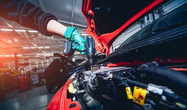 Carro Elético Com Capuz Aberto Detalhes Motor Carro Elétrico Bateria — Fotografia de Stock