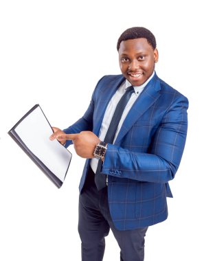 Mavi takım elbiseli, beyaz kopya alanı ile izole ifade Afrikalı-Amerikalı işadamı.