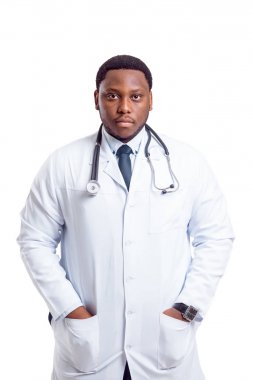 Afrika kökenli Amerikalı doktor stetoskop, üzerinde beyaz izole ile poz