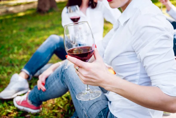 Junge Mädchen Mit Gläsern Rotwein Beim Picknick Park — Stockfoto