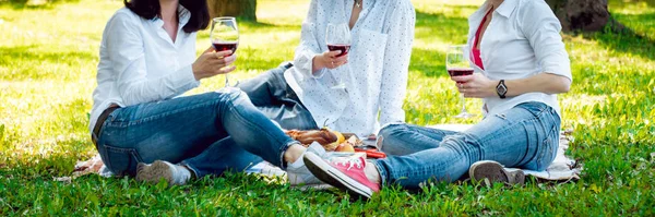 Tres Chicas Con Copas Vino Tinto Parque Cultivado — Foto de Stock