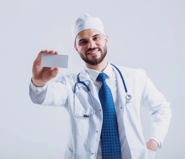 Junge Braune Augen Arzt Oder Praktikant Gegen Weiße Wand — Stockfoto