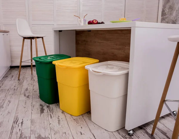 Recycle bins in the kitchen. Household waste sorting. Environmentally responsible behavior. Zero waste — Stock Photo, Image