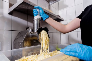Khachapuri, pizza veya makarna için otomatik rendelenmiş peynir.. 