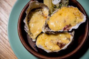 Peynirin altında taze istiridye, buz ve çiçeklerle dolu bir tabakta. Restoran