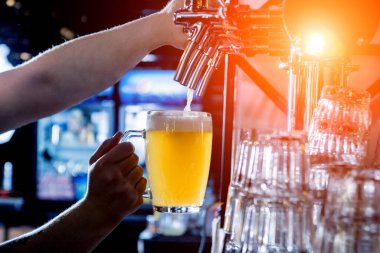 Barmen bardaklara bira dolduruyor. Restoran.